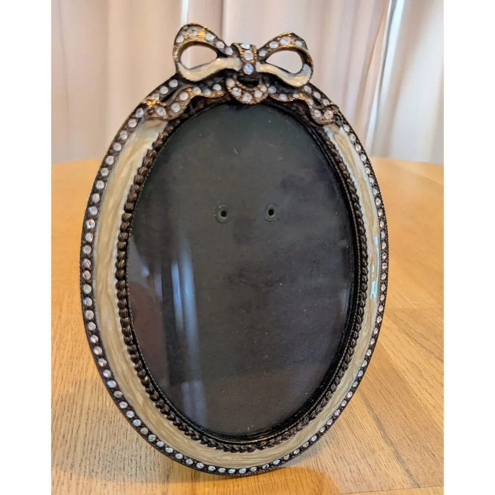 Faux Pearl Gold Rhinestone Oval Photo Frame Standing Ornate 3.5